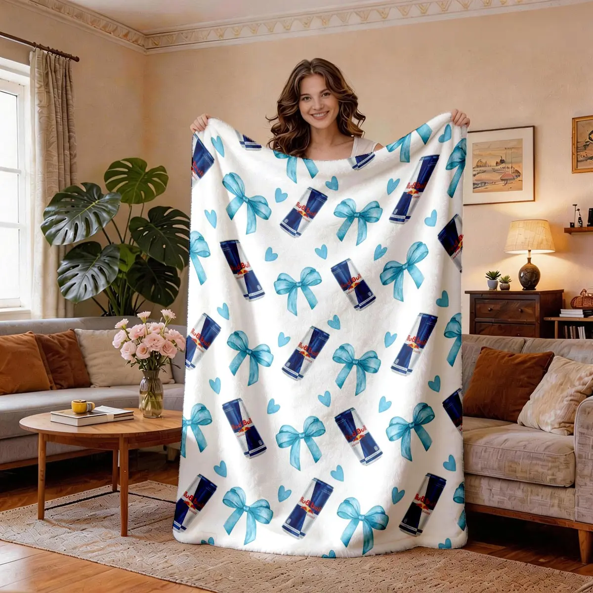 Red Bull Energy Drink Pattern Blanket with Blue Bows & Hearts, Soft Flannel Fleece Throw for Sofa Bed Couch, Trendy Coquette Aesthetic Preppy Blanket for Girls Women, Lightweight Breathable Travel Gift for Fans