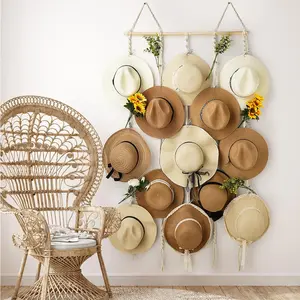 Macrame Hat Rack for Wall 31x53 in Hat Organizer with 15 Clips Hanging Hat Hangers for Wide Brimmed Hat Display Women Hat Storage Boho Hat Hanger Decorative Hat Holder for Fedora Cowboy Hat Flower Wood Cotton Door