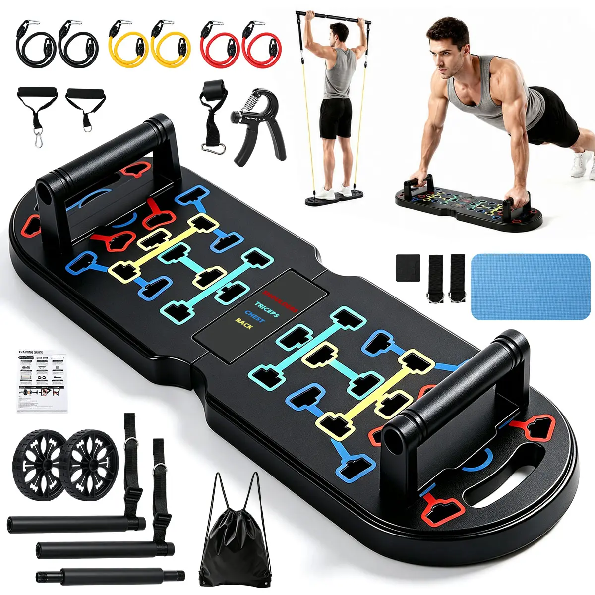 Push Up Board Workout System Complete Home Fitness Kit, Multi-Function Full Body Strength Training Equipment with Resistance Bands, Ab Roller, Pilates Bar, Door Anchor, Wrist Ankle Straps, Portable Workout Gear for Chest Back Shoulder Core Training