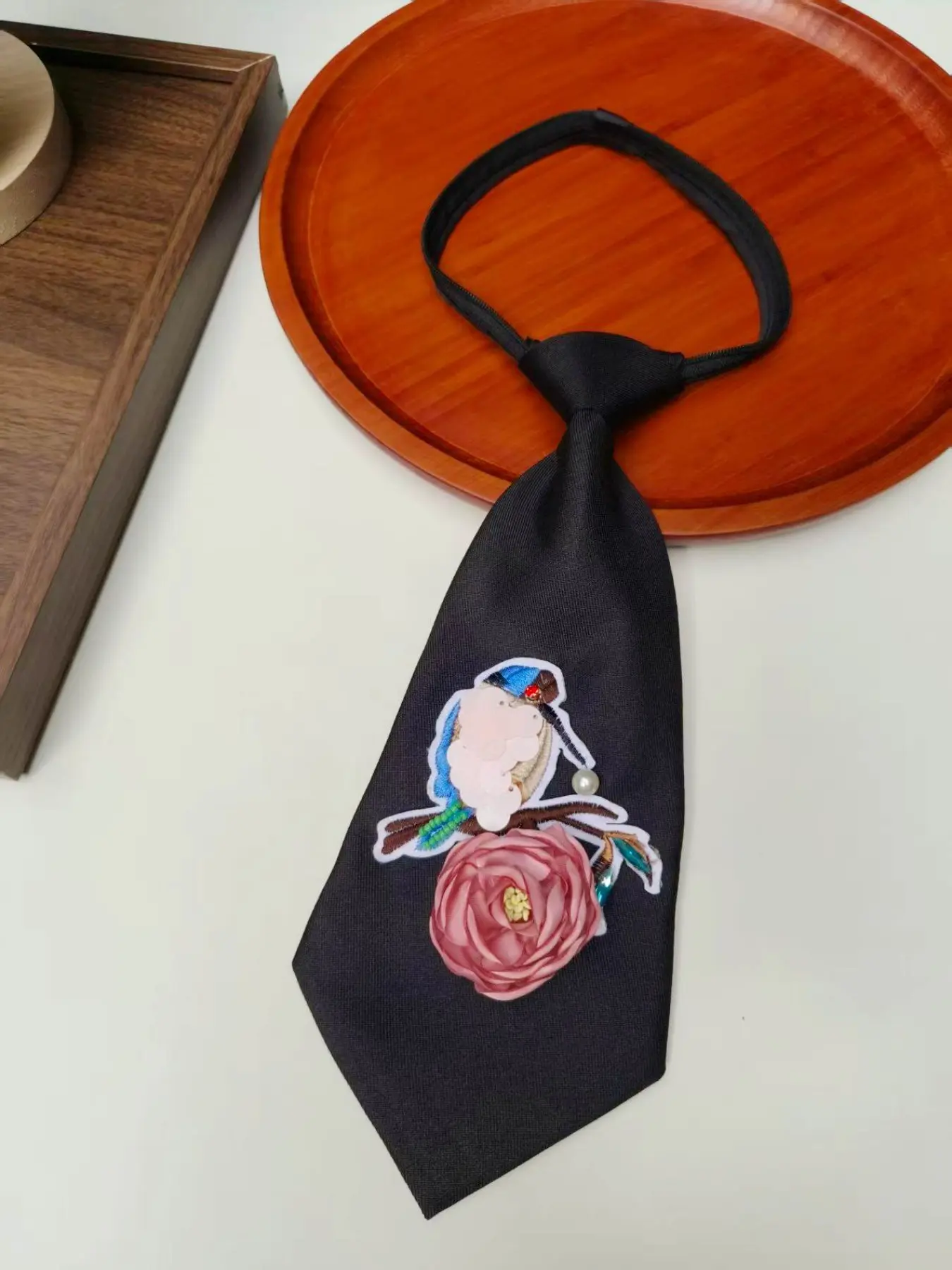 Vintage Tie, Handmade Floral & Bird Design, Pearl Accent, No Knot Needed, Unisex, Perfect for Events & Daily Wear