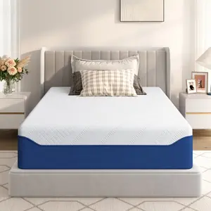 10 Inch/12 Inch Memory Foam Mattress Blue and White Layered Design Gel Infused Cooling Foam High Density Support Base Pressure Relief Spinal Support Bed in a Box for Twin Full Queen King