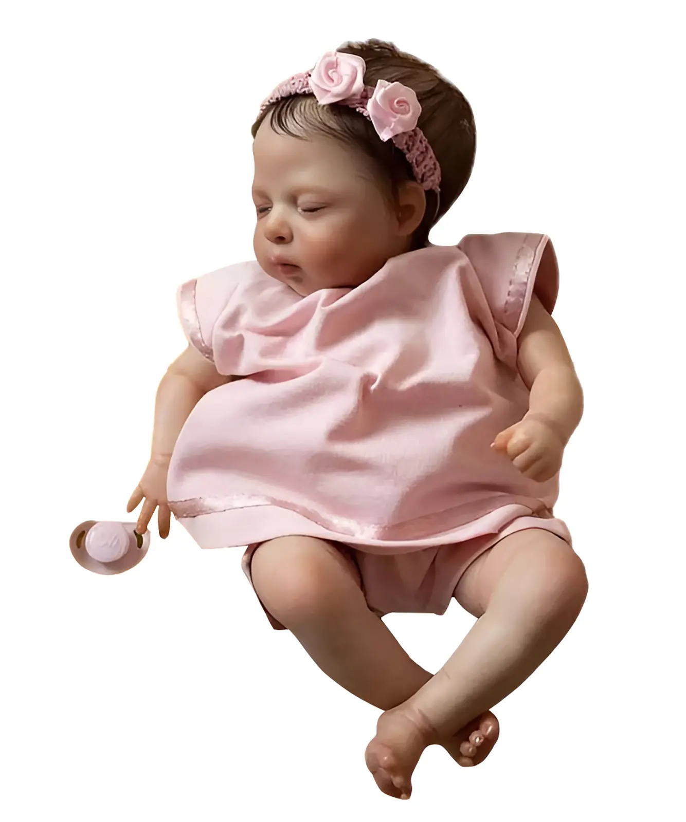 10-Inch Cloth Body Doll, Reborn Doll, Mini Baby Toy Brown Hair, Rose Pink Nightgown Set with Headband, Cloth Body