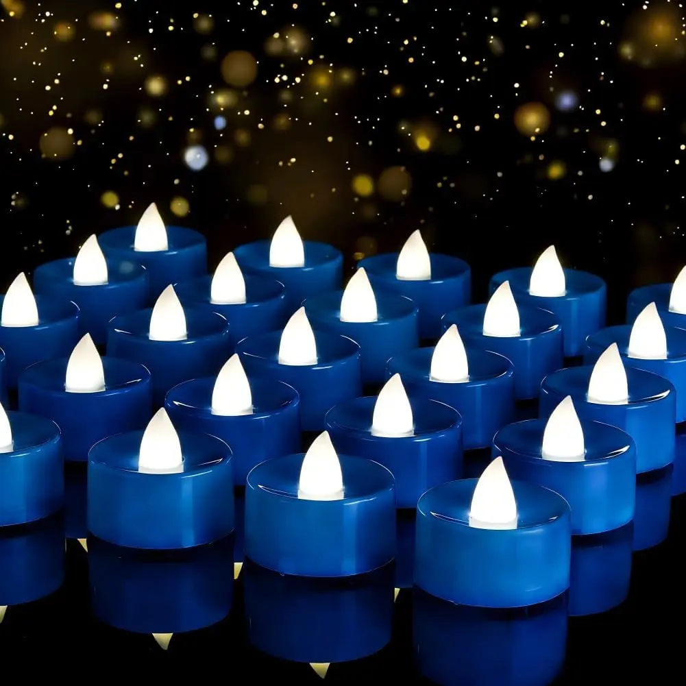 12-Pack Blue Flameless LED Tea Lights Candles Battery Operated, 200+Hour Fake Electric Candles  for Votive, Halloween, Ofrenda, Diya, Wedding Centerpiece, Funeral
