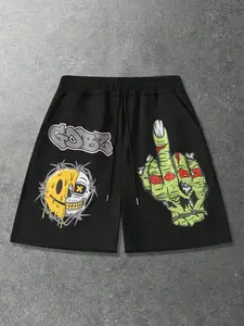 Men's Y2K Grunge Graphic Shorts - Casual Edgy Shorts - Edgy Zombie Hand & Melting Skull Graffiti Print High Street Streetwear - Oversized Harajuku Sweat Shorts for Summer Skateboard, Rave & Festival Outfits