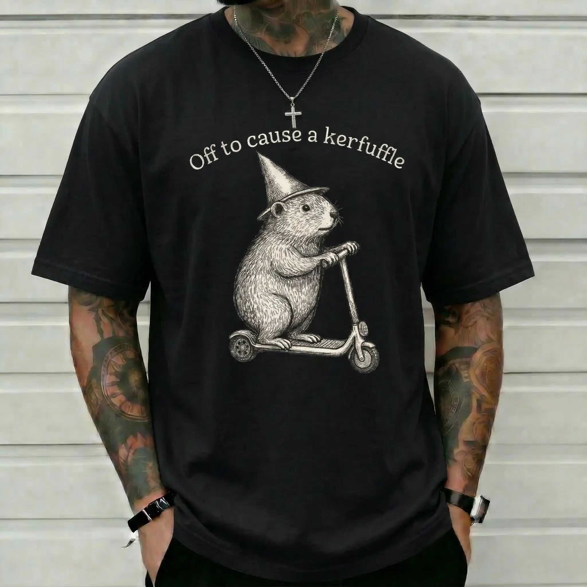 Off To Cause A Kerfuffle Funny Animal Graphic Tee Vintage Sketch Groundhog Riding Scooter Shirt Sarcastic Humorous Unisex Short Sleeve T-Shirt Casual Retro Black Top Fitted Oversized 90s graphic tees men's t shirts Apparel Love