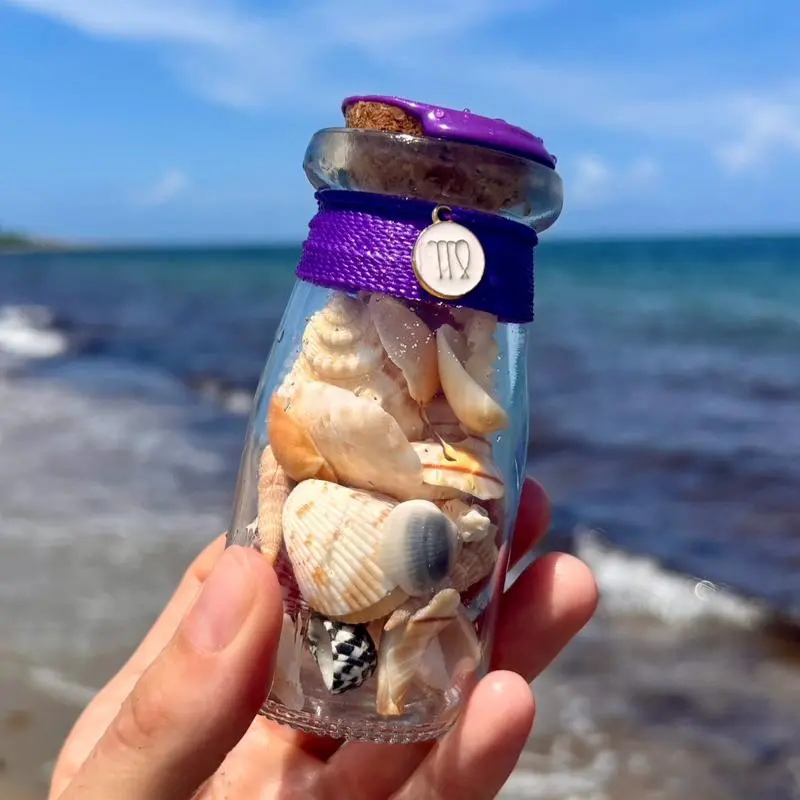 Handmade Corded Glass Mermaid Seashell Bottle with Zodiac Constellation Charm - Coastal Decor, Whimsical Art, Astrology-Inspired Beach Decor, Compact Home Statue Souvenir Gift