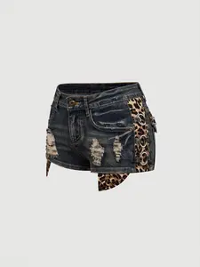 “Y2K Gyaru Leopard Print Low Waist Denim Shorts – Vintage Sexy Kpop Style”
