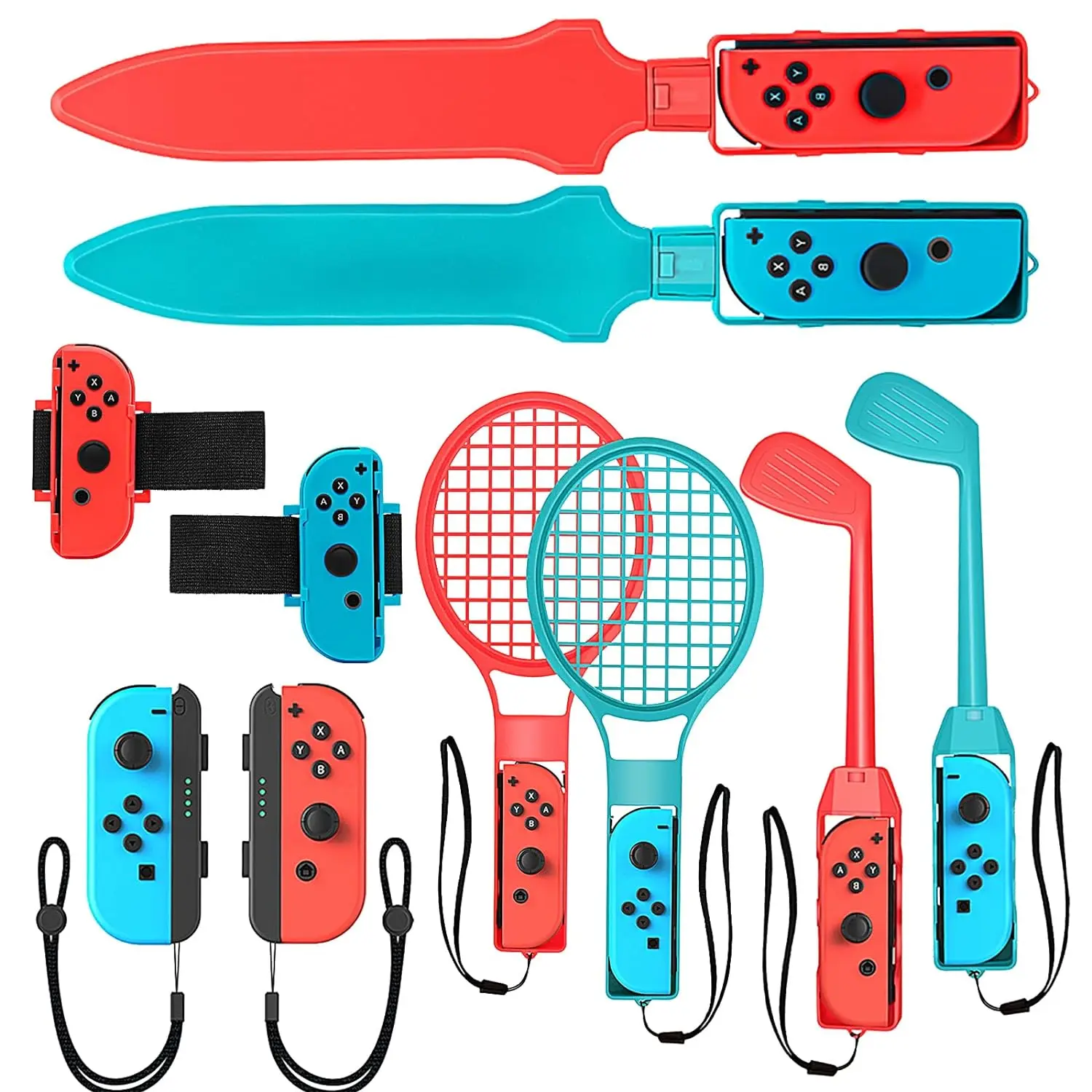 GAMINJA 10-in-1 Durable Nintendo Switch Sports Accessories Full Kit - Plastic Grips, Gaming Controller Covers, Console Protective Covers, Racing Wheel, Stand & More