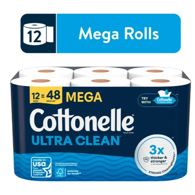Cottonelle Ultra Clean Toilet Paper, Strong Toilet Tissue, 12 Mega Rolls Cleaning Pack