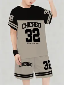 Trendy Retro Kids' Clothing, Patchwork + Size 32 Print, Chicago Theme Summer, Outdoor Wear, Casual Style, Casual Set, Suits, Shorts