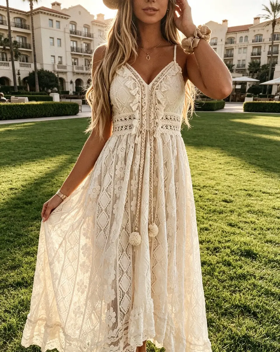 Women's Casual Solid-Color Lace Maxi Dress - New Summer Sleeveless, Flared, Backless with Cut-Out Details, Asymmetrical Tie-Strap Design