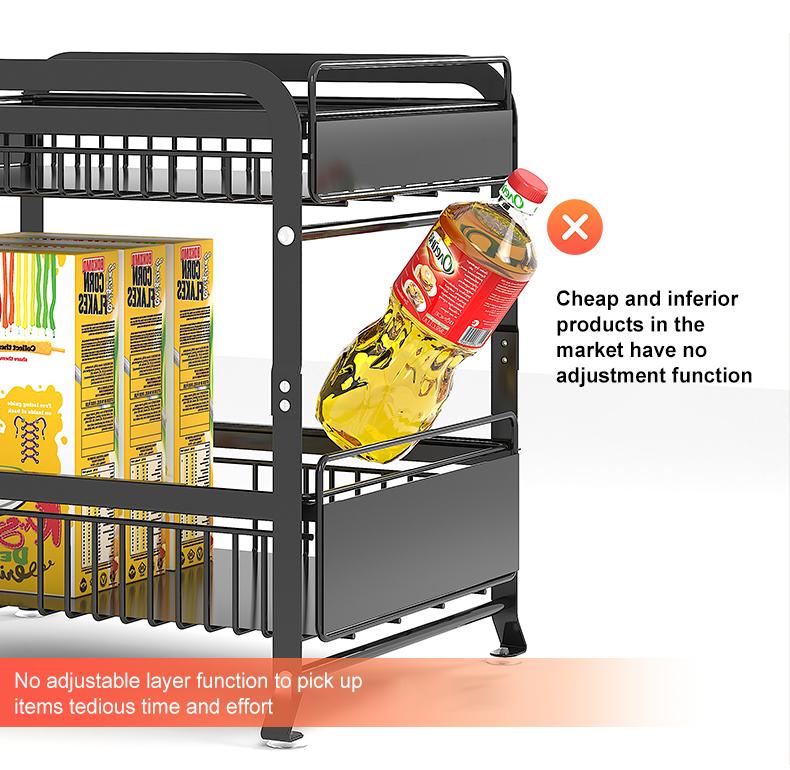 2 Pack Under Sink Organizer,Adjustable Height,2 Tier Pull Out Under Cabinet Organizer,Slide Out Thickened Metal Under Sink Storage for Kitchen Bathroom Laundry Cabinet Pantry,White,black Shelf Rack Racks