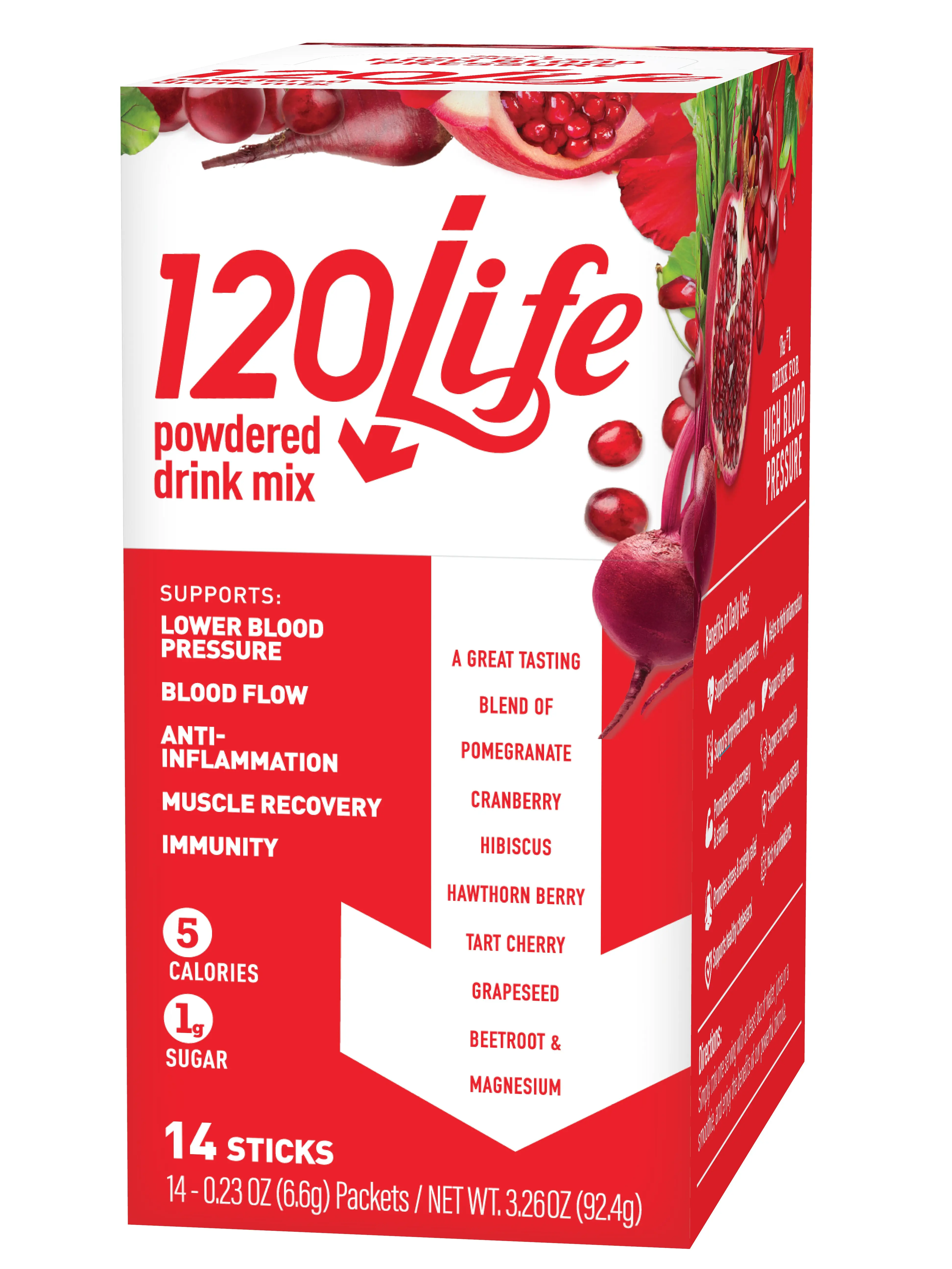 120/Life Blood Pressure Support Drink Mix – 14 Stick Packs with Beetroot, Pomegranate, Cranberry, Tart Cherry & Hibiscus – Sugar-Free, Vegan, Convenient Single-Serve Beverage