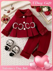 Baby girl set, Baby clothing, winter style, baby girl wine red plush collar jacket+two-piece pants set, lace bow+pearl buttons, Valentine's Day gift, suitable for baby girl holiday gatherings, family dinners, winter outings, baby supplies clearance sal