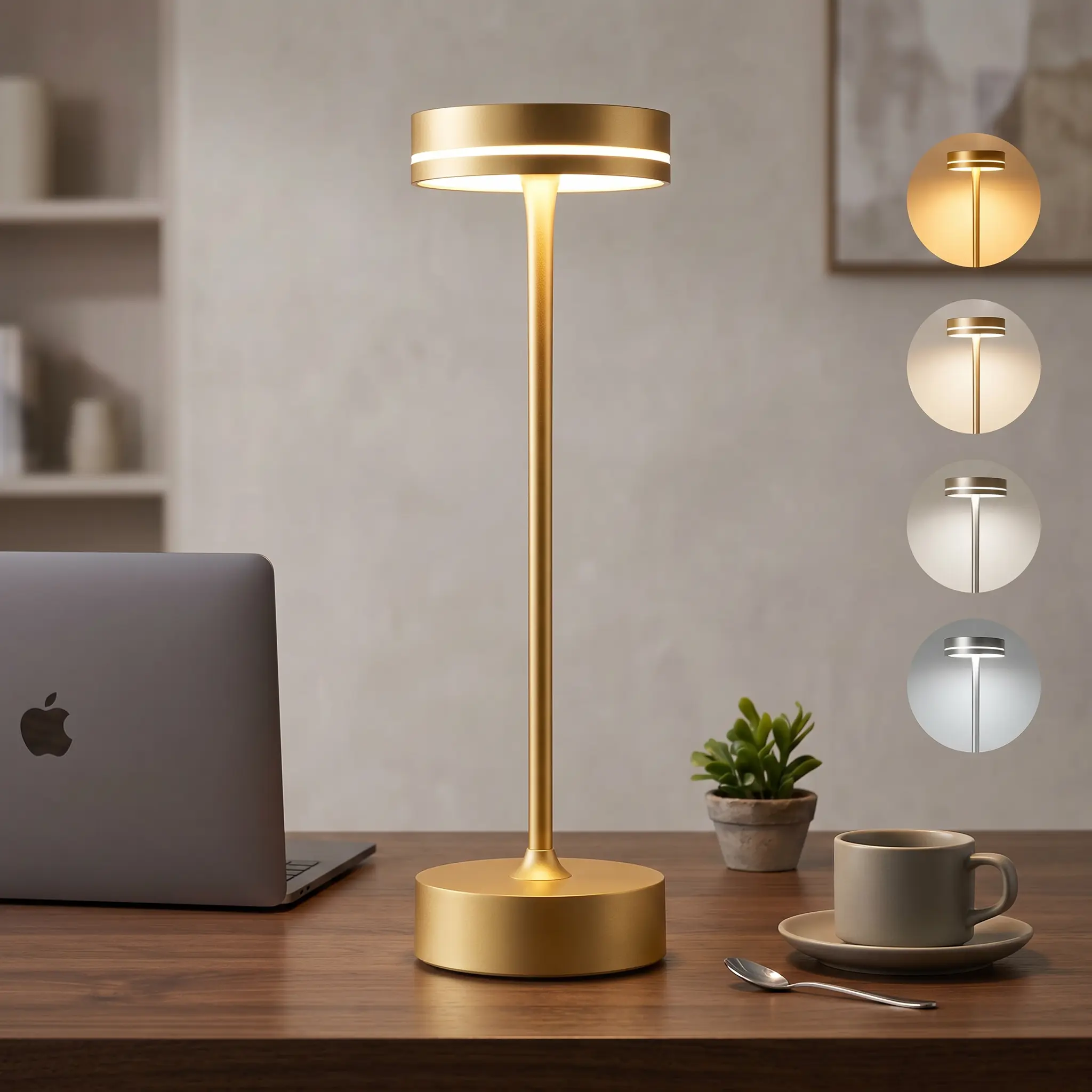 Premium Gold Aluminum Modern Cordless Desk Lamp - Eye-Caring No-Flicker Reading Light, Auto-Memory, Touch Sensor 3-Color Stepless Dimming, 5000mAh Battery, Small Portable Lamp for Home Remote Work Study