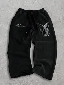 Men's Straight Leg Pants with Unique Dark Crack Letter Print, Drawstring Waistband, Pockets, Casual Fashion Joggers for Spring & Fall