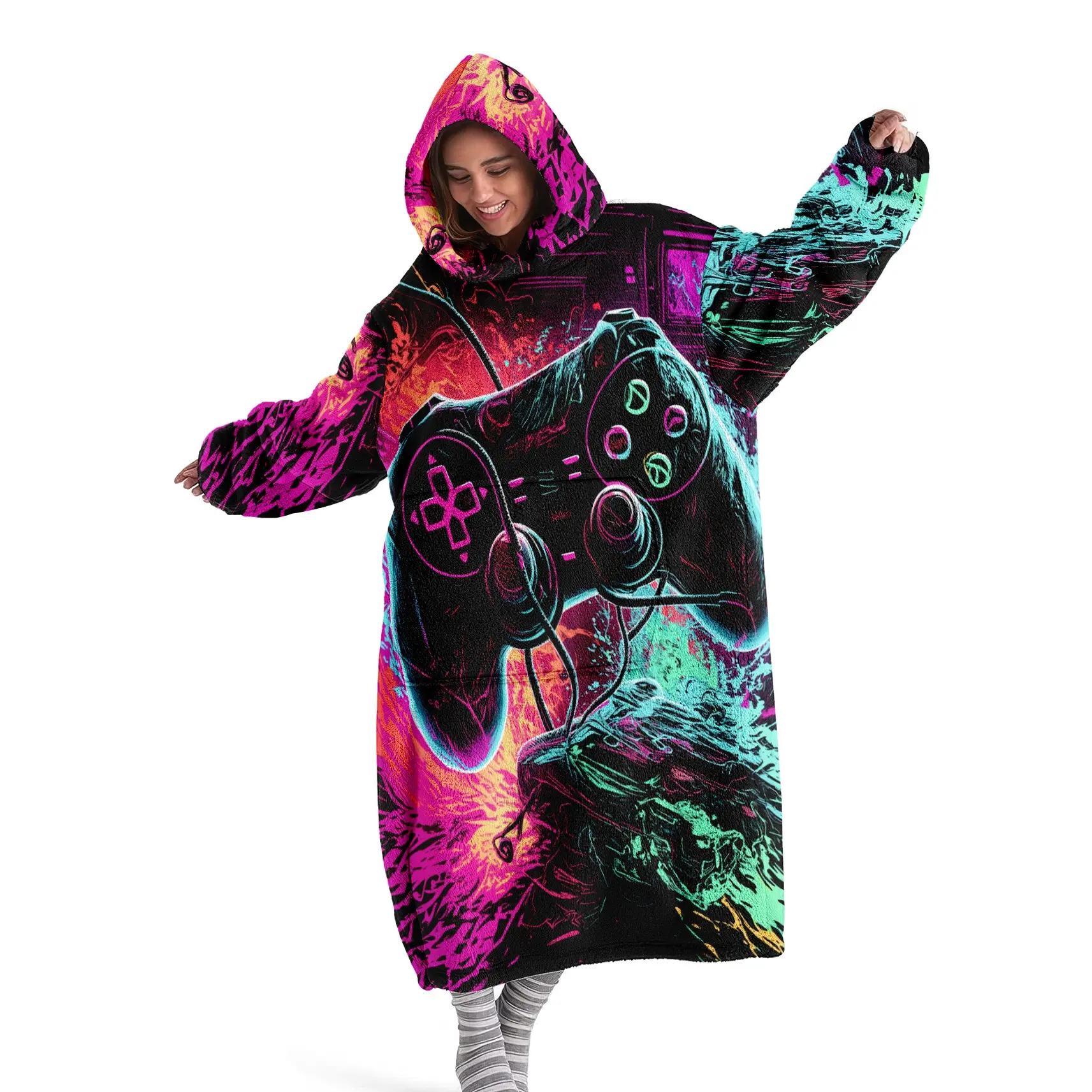 Hooded blanket, wearable blanket, Soft Cozy Blanket, hoodie blanket, women's fleece-lined bathrobe, hat blanket, pajamas, neon game controller print thickened loungewear, perfect for winter home wear. Robes ideal as gifts for Christmas or Valentine's Day
