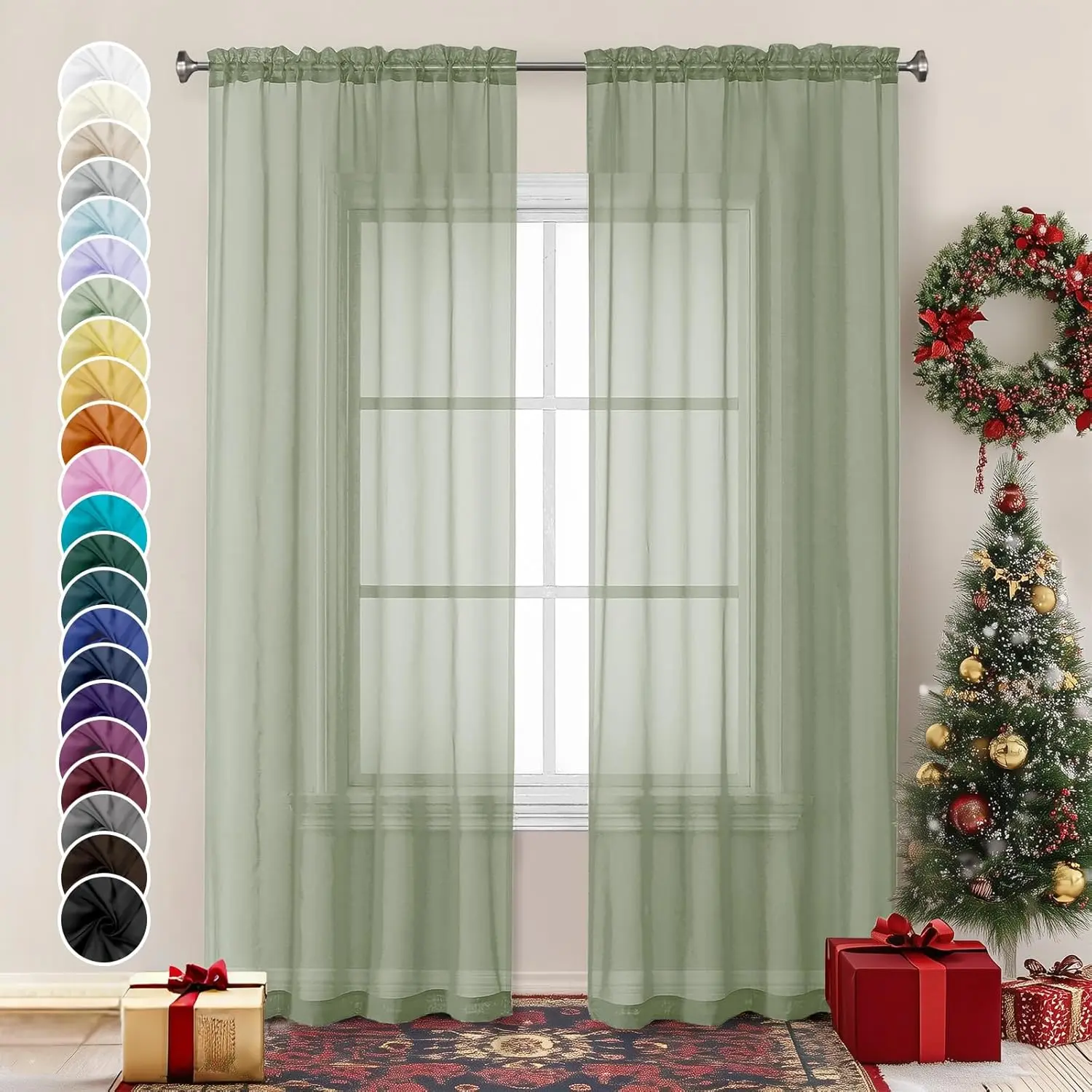 Sage Green Sheer Voile Curtains - 2 Panels (42Wx84L Each), Light-Filtering Soft Window Treatment Drapes for Living Room, Bedroom, Two Panels