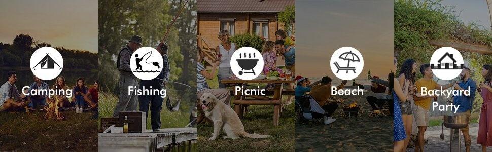 2-Pack Foldable Outdoor Camping Cooler Table Set, Waterproof Leakproof Beverage Cooler Tables with Side Storage & Cup Holders, Portable Folding Tables for Camping Beach Picnic Tailgating