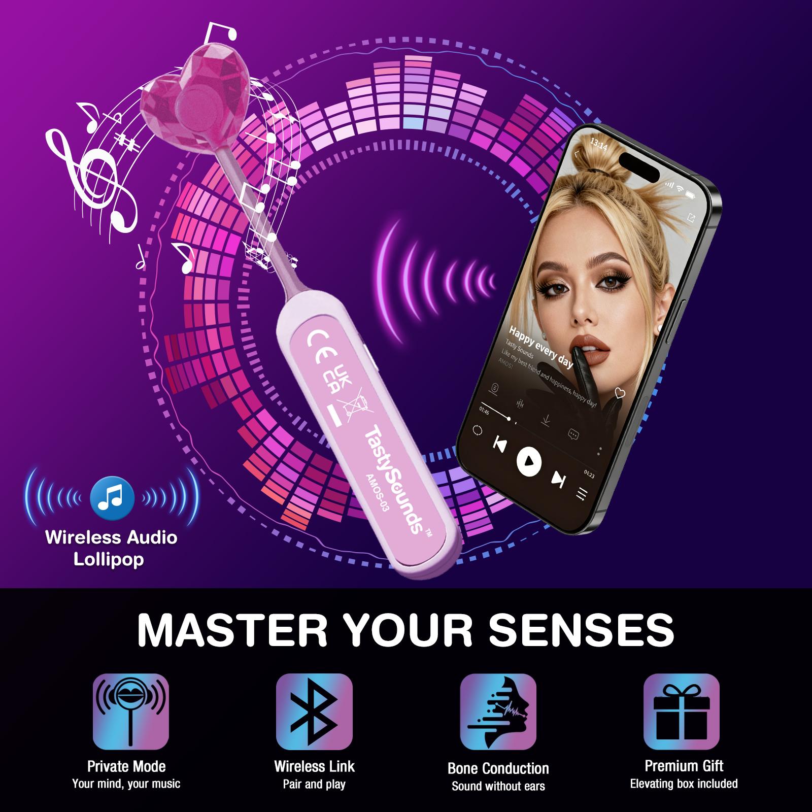 AMOS TastySounds Wireless Audio Lollipop Gift Set, Listen to Music Through Candy, MultiFlavor Novelty Candy Combo with Rechargeable Audio Device for Gifts