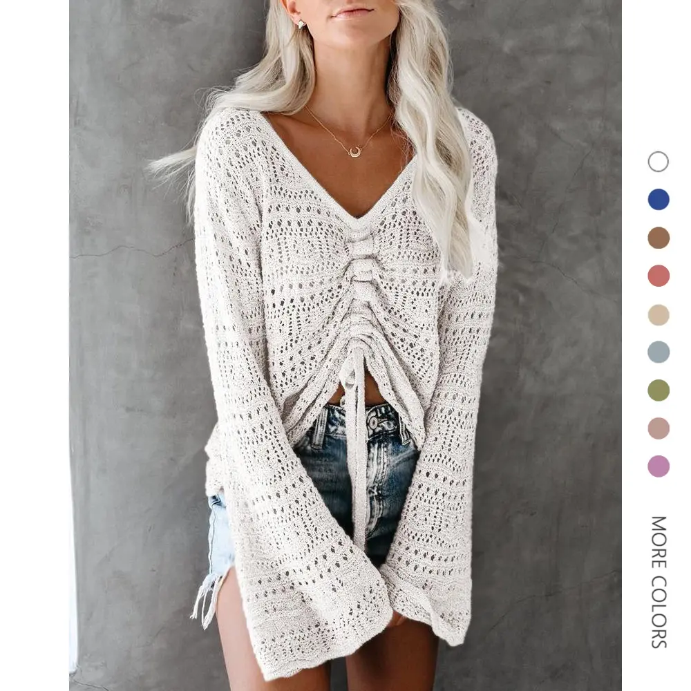 Danedvi Women's Aesthetic Boho Knitting Sweater - V-Neck, Off-Shoulder, Ruched Crochet Crop Top, Oversized Bell Longsleeves, Comfortable Elegant Fit, Full Knitwear Top