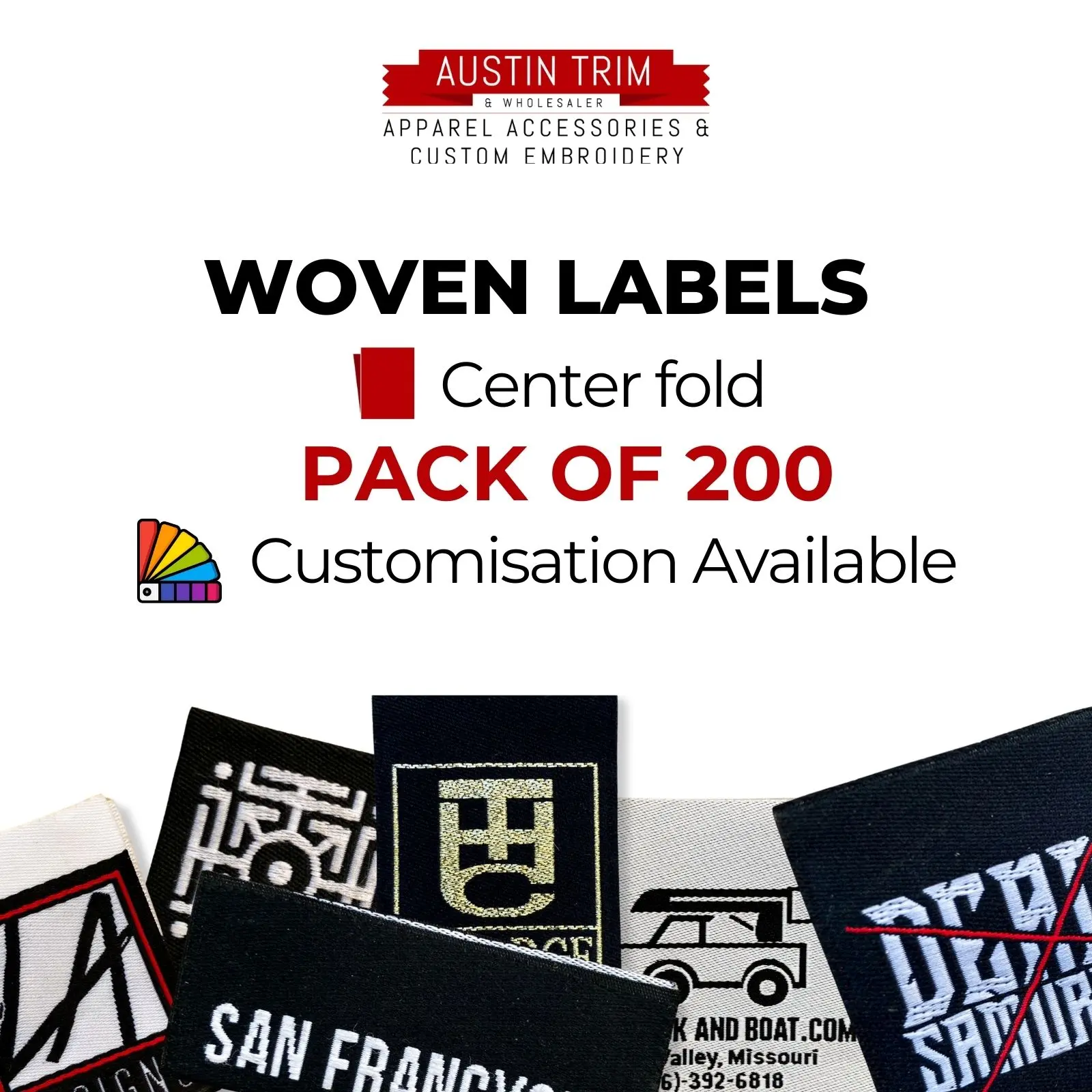 Austintrim Custom Woven Labels: 200-Pack, Center Fold Size 1 x 2.5
