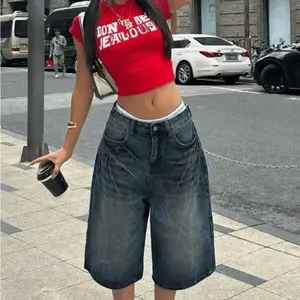 Vintage Washed Cat Whiskered Pocket Style Wide Leg Bermuda Jeans Denim Jorts Casual Shorts Cropped Trousers Bottoms Fabric