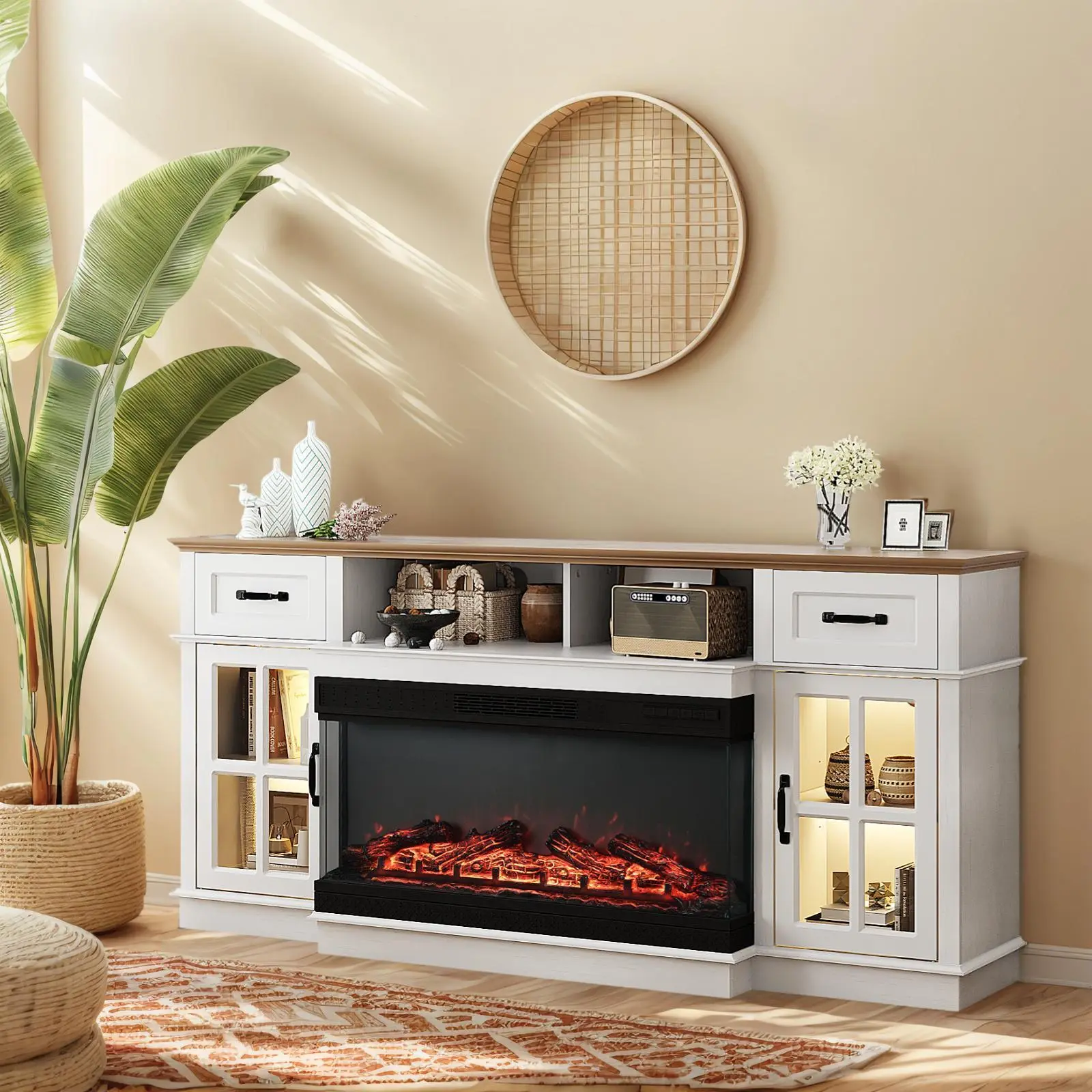 Karlhome Fireplace TV Stand up to 80'' TVs, 3-Sided Glass Entertainment Center with Electric Fireplace Heater & Glass Doors and Drawers, Fireplace Media Console Table with LED Light, Living Room
