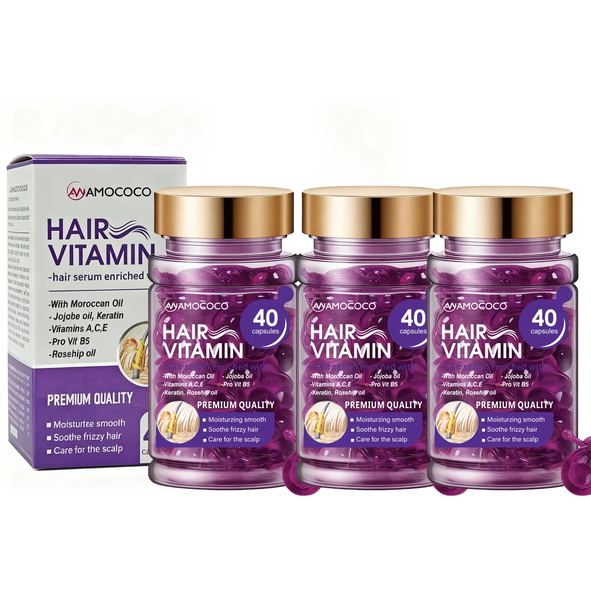 40 capsules of hair care essential oil, say goodbye to dry grass! Deeply nourish the scalp, comb hair to the end, light and non greasy. First aid for frizz, instantly become smooth and glowing skin
