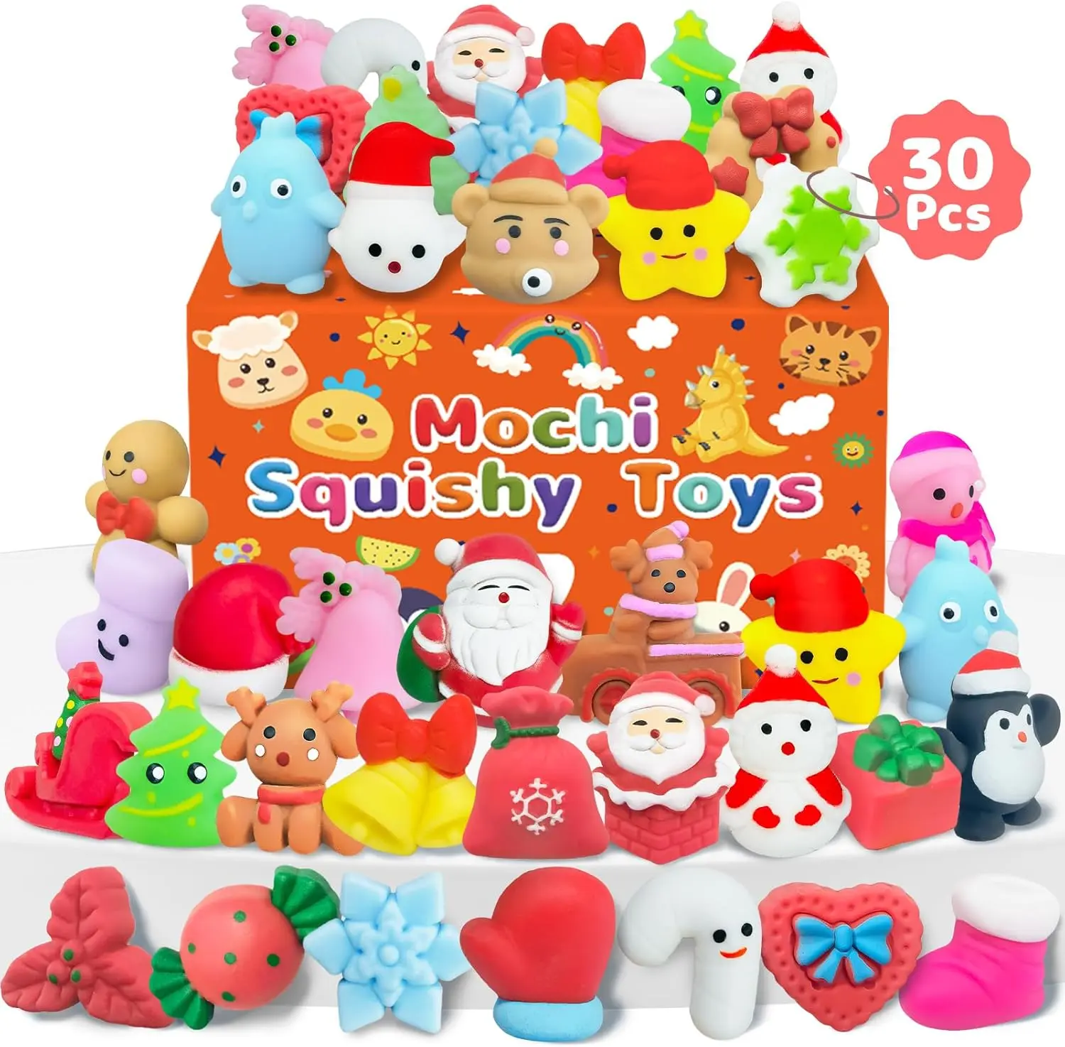 30 Pcs Happy New Year Squishy Toys, Party Favors Goodie Bags Stuffers for Kids, Bulk Classroom Xmas Gifts Prizes for Students, Small Stocking Stuffers Fidget Toys Treats from Teachers