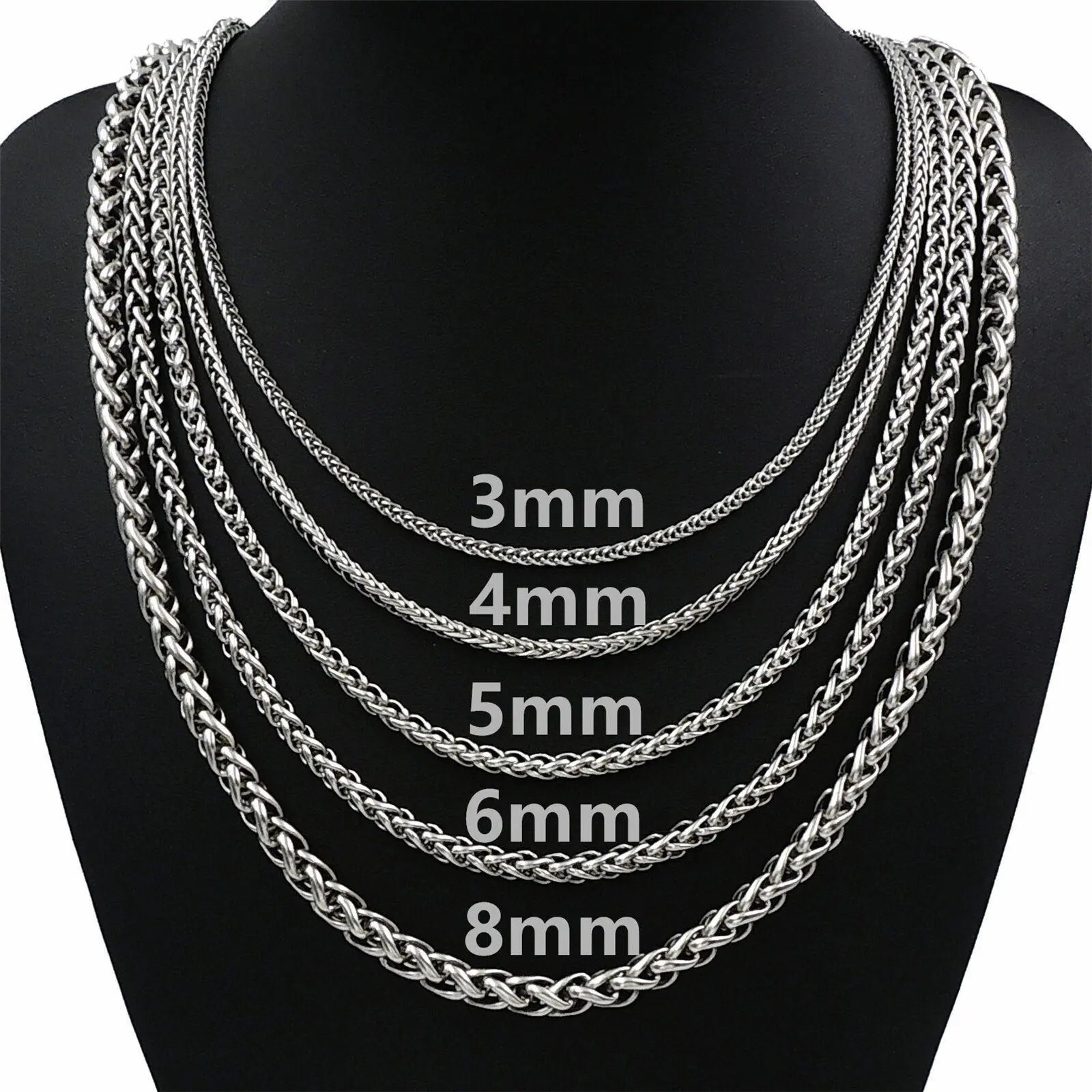 3/4/5/6/8mm Braided Wheat Chain Necklace Silver Color Stainless Steel Link 18-30" for Men Women Daily Jewelry Gift