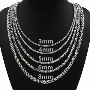 3/4/5/6/8mm Braided Wheat Chain Necklace Silver Color Stainless Steel Link 18-30" for Men Women Daily Jewelry Gift
