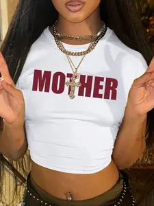 Women's Letter Print Round Neck Cropped Tee, Fashion Casual Crew Neck Short Sleeve T-shirt for Daily Holiday Vacation Outdoor Wear, Ladies Clothes for Summer