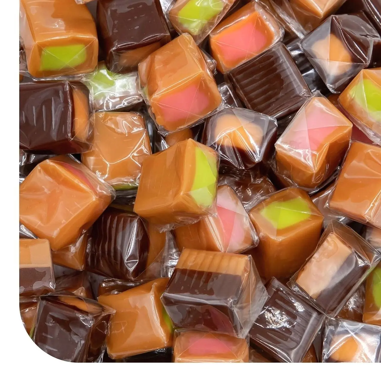 Caramel Candy Mix - 2 Pound Pack 150 Count - Filled Creamy Caramels Individually Wrapped - Vanilla, Chocolate, Apple, and Strawberry Cubes - Chewy Candy