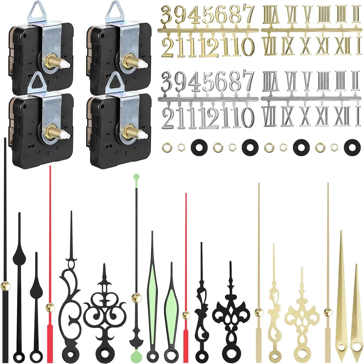 DIY Quartz Wall Clock Kit Set (4 Pieces) - Battery-Operated Movement Mechanism, 6 Different Pairs of Hands for DIY Clock Repairment, Includes Batteries