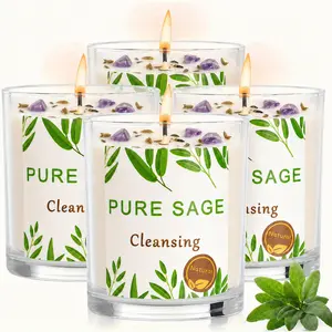 Set of 4 Long Lasting Pure Sage Smudge Candles - 88 Hour Burn, 3.5 Oz Each, Made with Soy Wax and Herb, Ideal for House Energy Cleansing, Meditation & Manifestation