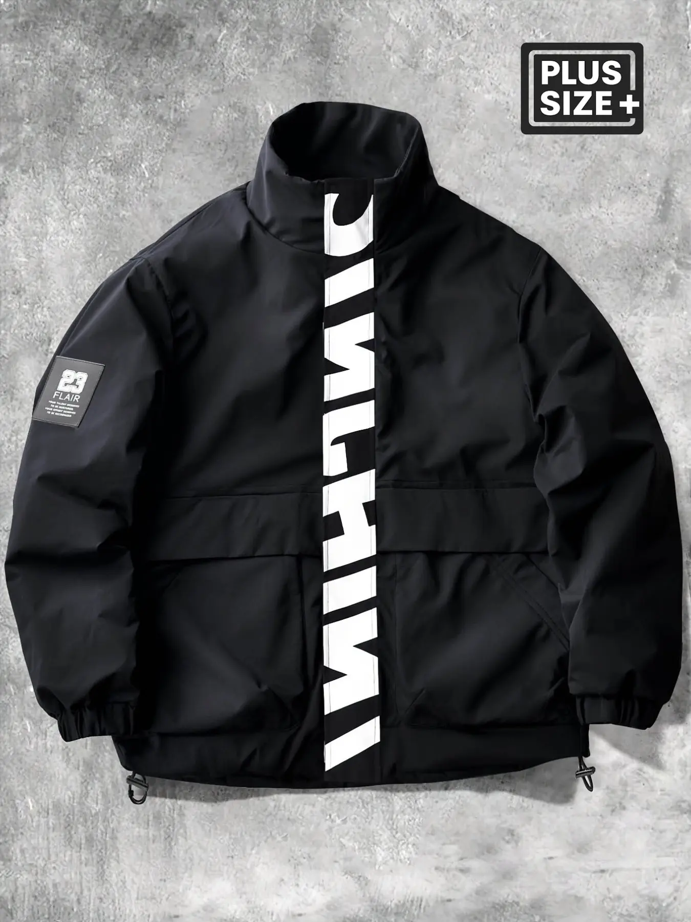 Men's Plus Size Windproof Zipper Long Sleeve Jacket Coats, Casual Sports Jacket, Smooth Durable Polyester Fabric, Loose Fit Stand Collar Workwear, Letter Print Design, Retro Sport Style Activewear Sporty