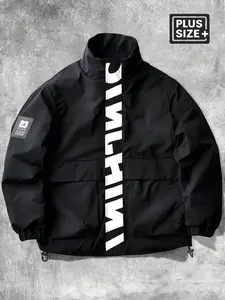 Men's Plus Size Windproof Zipper Jacket, Smooth Durable Polyester Fabric, Loose Fit Stand Collar Workwear, Letter Print Design, Retro Sport Style