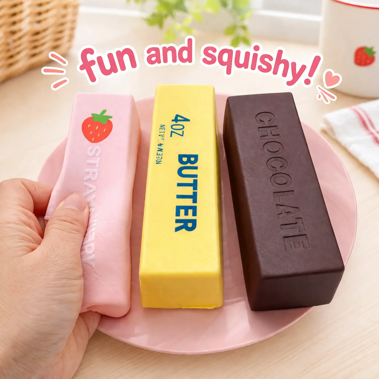 Butter Squishy Toy Set - Cream Scented Cute Soft Stick with Strawberry & Chocolate Flavors Soft Squeeze Sensory Toy for Stress Relief & Play - Ideal Gift for All Occasions