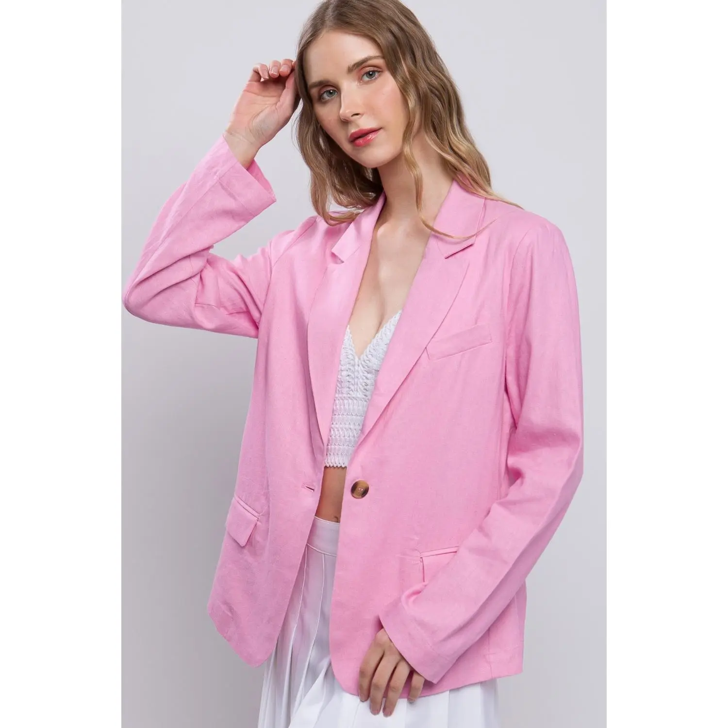 Love Tree One-Button Long Sleeve Linen Blazer