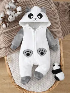 Adorable Baby Onesie with Panda Ears Embroidery Design, Zipper Front Hooded Romper for Newborns, Cozy Fall & Winter Infant Toddler Clothes