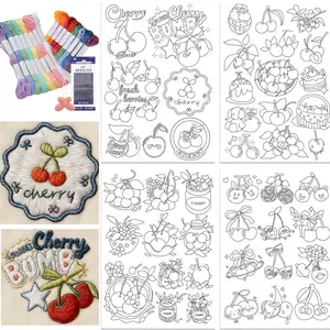 4 Pcs Cherry Water-Soluble Embroidery Stickers, Pre-Printed Fruit Patterns, Non-Woven Fabric DIY Self-Adhesive Embroidery Stickers
