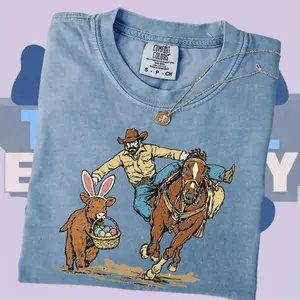 Easter Cowboy Comfort Colors T-shirt, Bunny Basket Western Spring Shirt, Rodeo Bucking Bunny tee, Easter Day Shirt