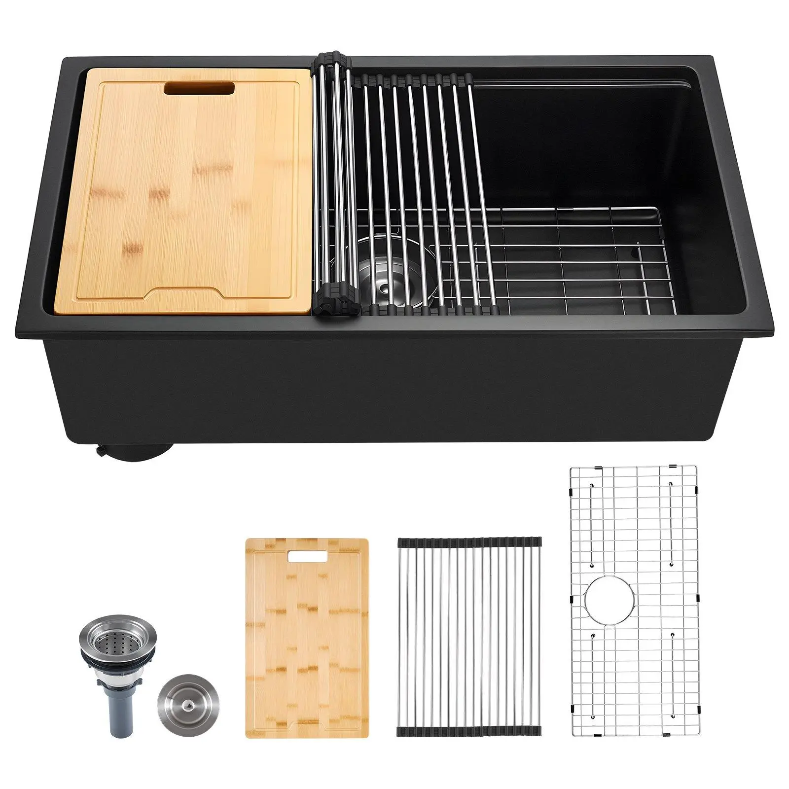 30 Inch Granite Composite Kitchen Sink, Undermount & Drop-In Single Bowl Farmhouse Workstation Sink, Matte Black Quartz Resin Scratch-Resistant Basin, All-Inclusive Accessories with Cutting Board Roll-Up Rack Drain Grid for Kitchen Bar RV