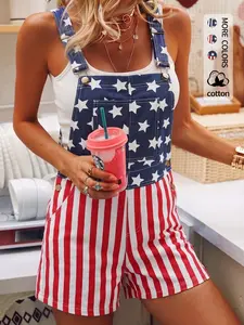 Women's American Flag Star Striped Denim Overall Bib Shorts, Adjustable Shoulder Straps, Large Pockets, Patriotic Style, Independence Day Party