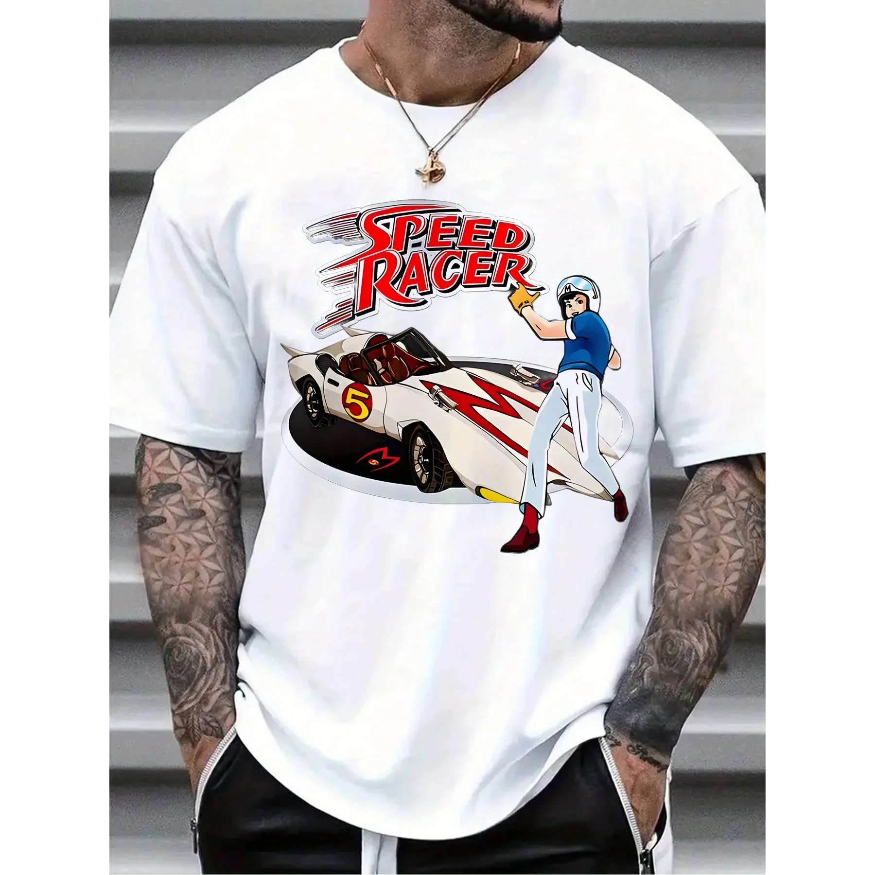 Men's Vintage Muscle Car Graphic Short Sleeve Basic Round Neck Heavyweight Cotton Fabric Comfy T-Shirt - Retro Racing Speed Racer Design, Car Enthusiasts' Birthday/Father's Day Gift, All-Season Casual Wear