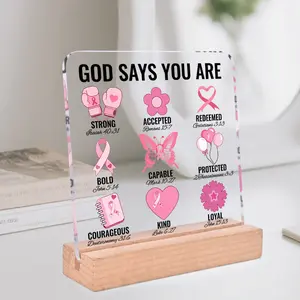 God Says You Are Strong Pink Ribbon Encouragement Acrylic Plaque Sign with Wooden Stand, Breast Cancer Prevention Awareness Gifts, Treatment Cheer Up Gifts for Women, Breast Cancer Survivor Gifts