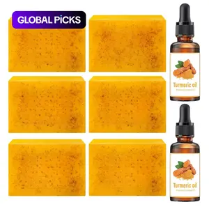 Lemon Turmeric & Kojic Acid Brightening Cleansing Soap Turmeric Soaps & Turmeric Essential Oil with Soap Saver Bags, Moisturizing Skin Care Set for Women Men Face & Body Wash #GLOBAL PICKS