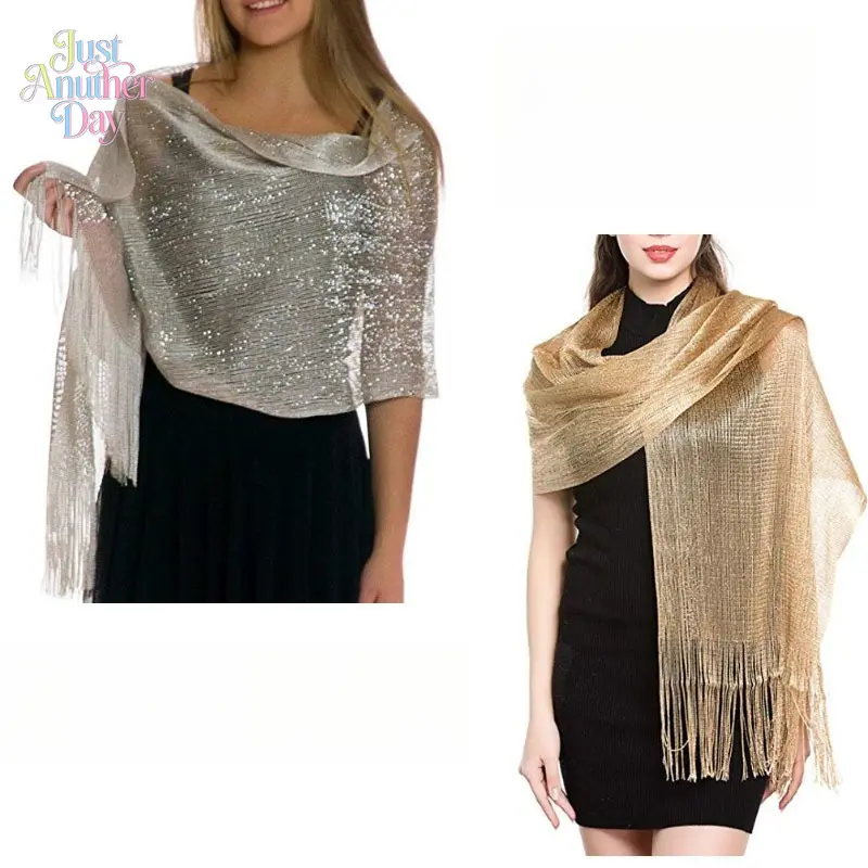 Shimmering Metallic Lurex Evening Shawl with Fringe, Elegant Gold/Silver Sparkly Wrap Stole for Brides, Wedding Guests, Prom & Formal Parties