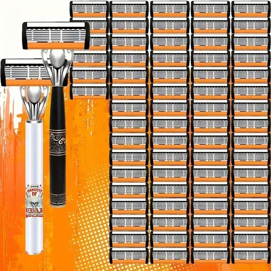 Straight Razor Kit with 72 Stainless Steel Blades & 2 Handles, Single Blade Razor Refill Set for Barbers and Men's Manual Shaving, Single Blade Razors